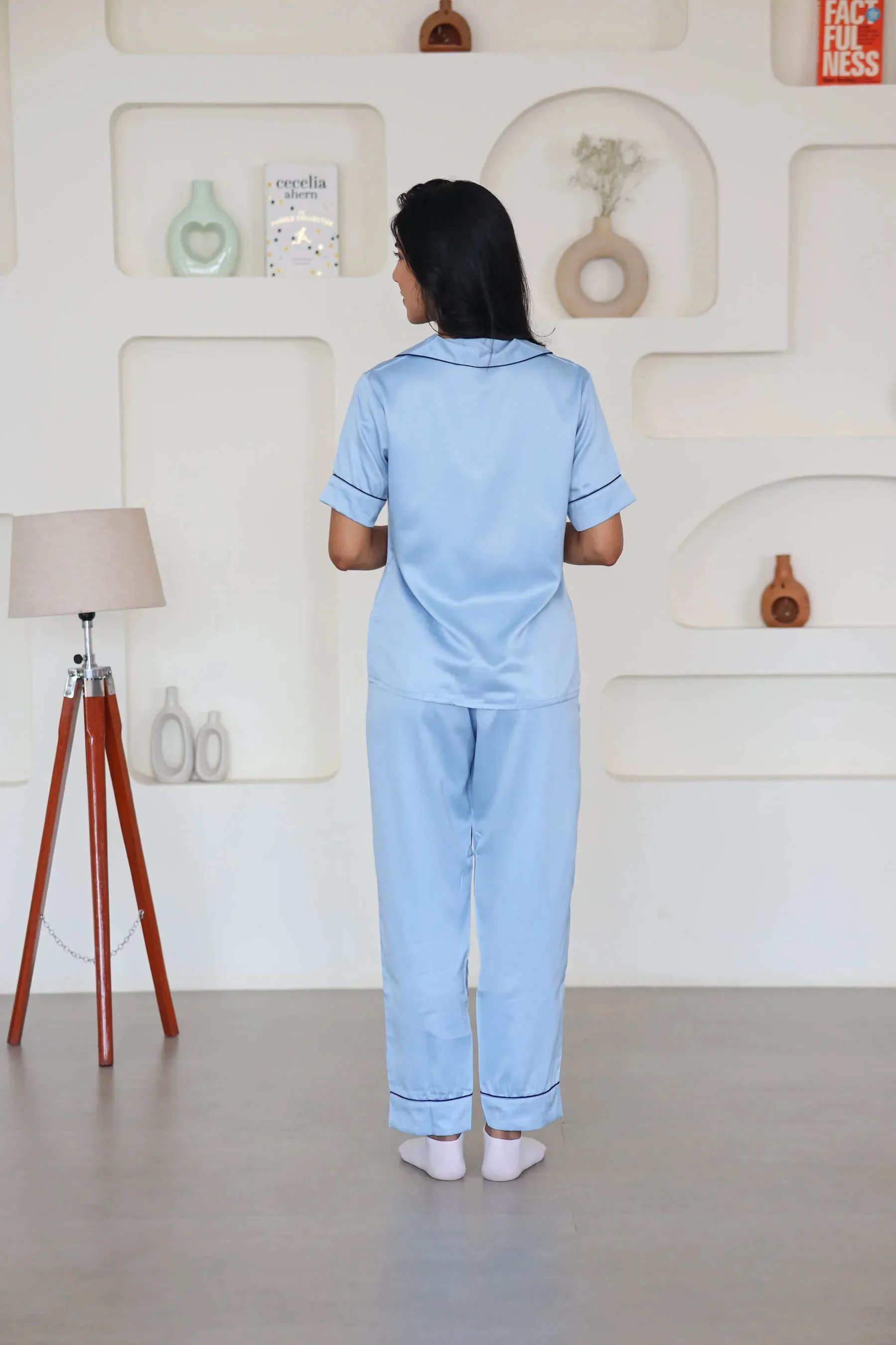 Night Wear Satin Slate Blue Color Night Suit