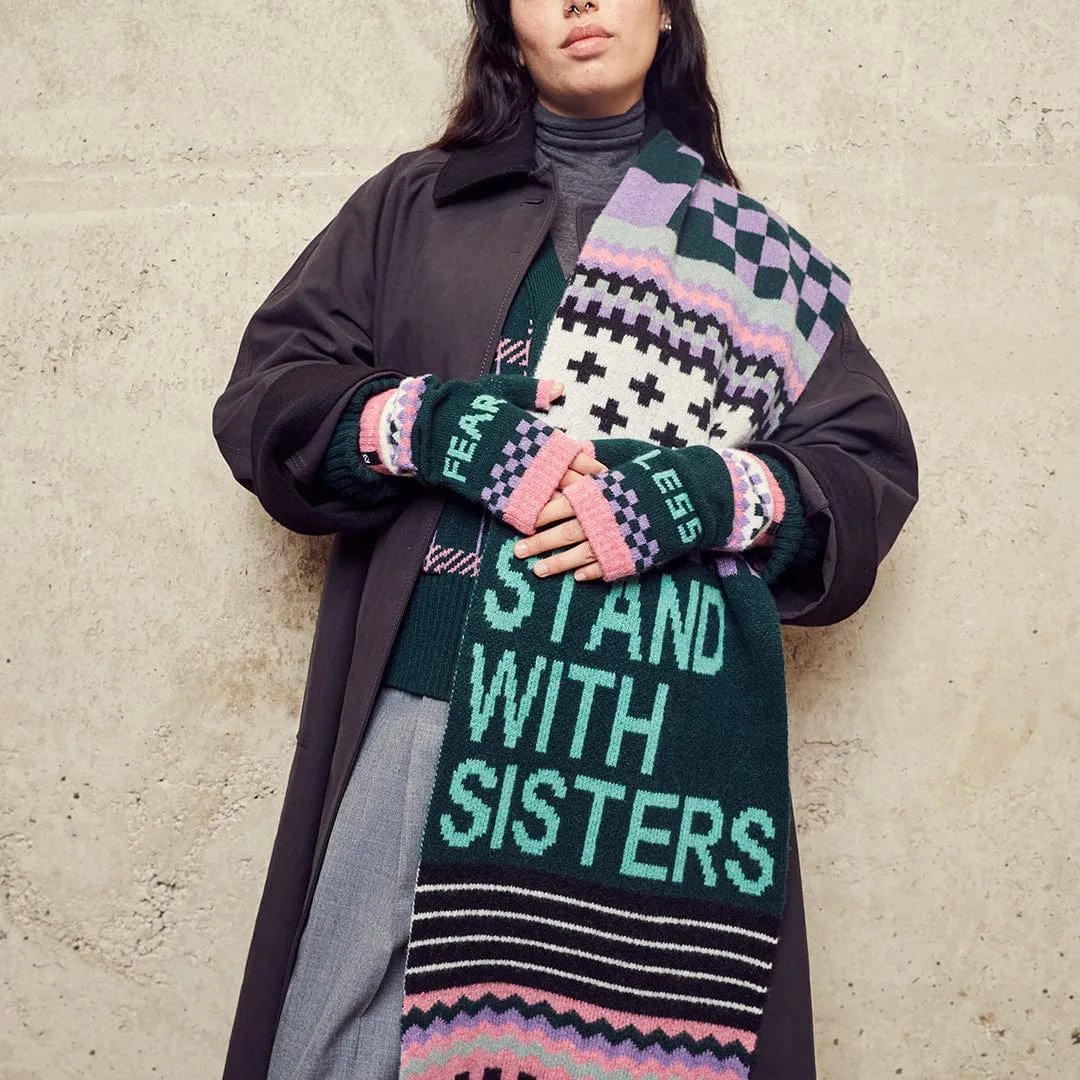 Patchwork Lambswool Scarf in Forest Green, Violet & French Rose