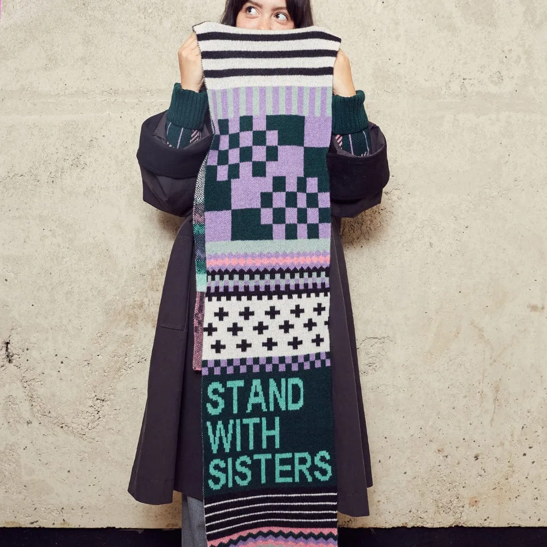 Patchwork Lambswool Scarf in Forest Green, Violet & French Rose