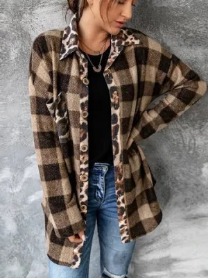 Plaid Shacket With Leopard Trim