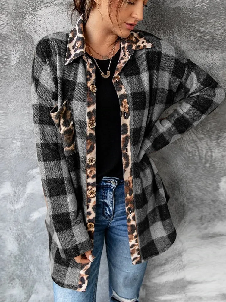 Plaid Shacket With Leopard Trim
