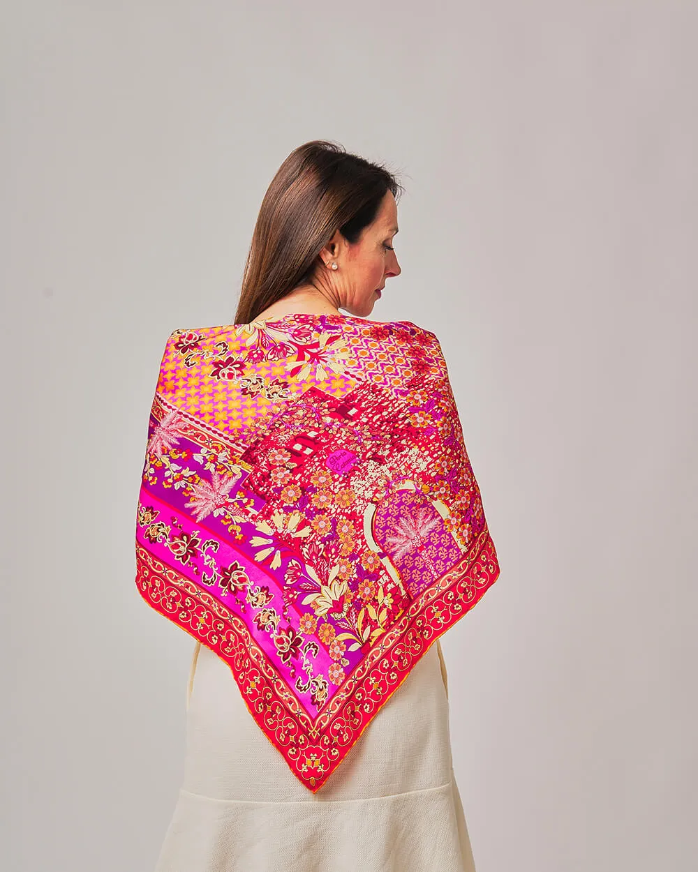 Porta Catania Porta Messina Orange and Pink Silk Twill Scarf and Ring