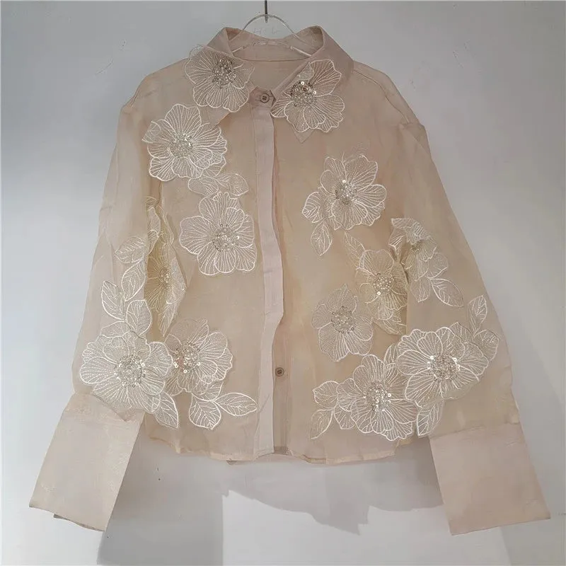 Pre Order:  Sequined 3D Flower Micro Transparent Thin Blouse