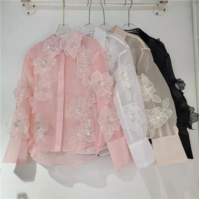 Pre Order:  Sequined 3D Flower Micro Transparent Thin Blouse