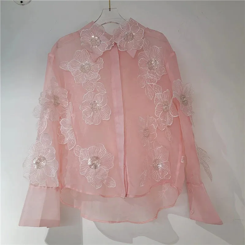 Pre Order:  Sequined 3D Flower Micro Transparent Thin Blouse