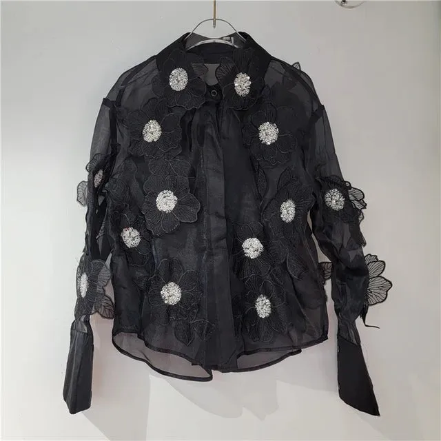 Pre Order:  Sequined 3D Flower Micro Transparent Thin Blouse
