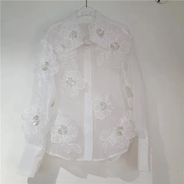 Pre Order:  Sequined 3D Flower Micro Transparent Thin Blouse