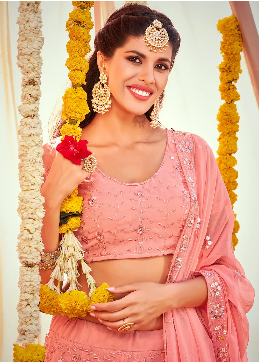 Precious Pink Sequined Wedding Function Wear Lehenga Choli