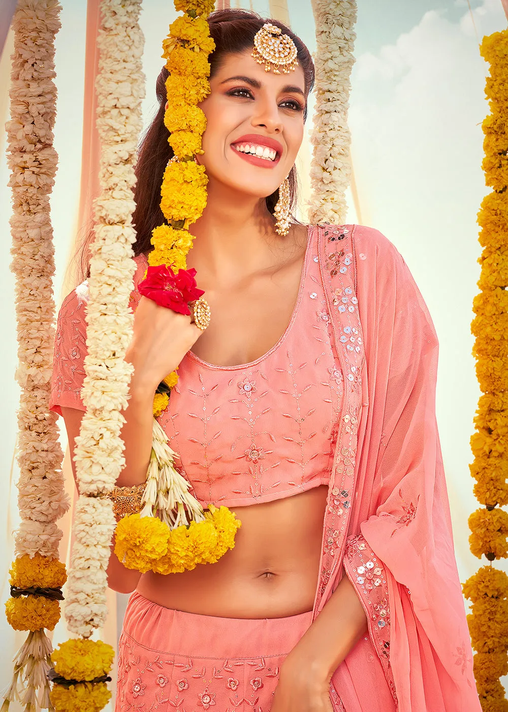 Precious Pink Sequined Wedding Function Wear Lehenga Choli