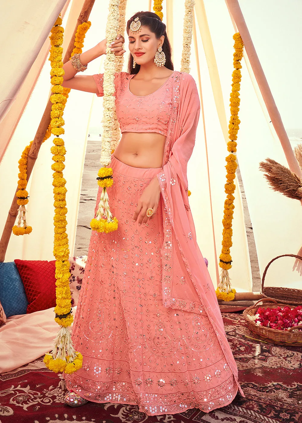Precious Pink Sequined Wedding Function Wear Lehenga Choli