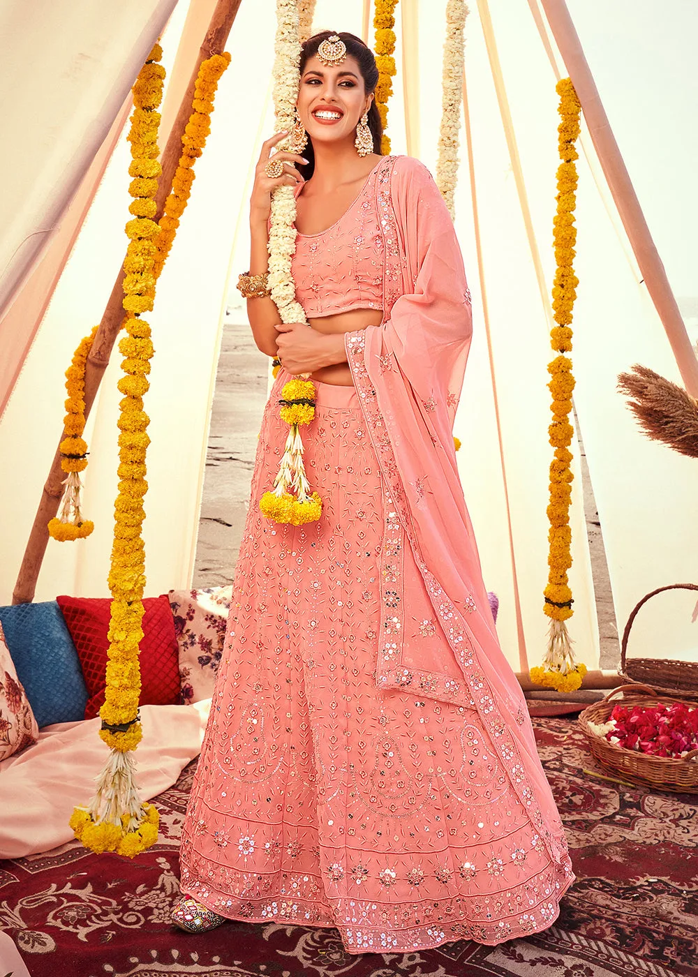 Precious Pink Sequined Wedding Function Wear Lehenga Choli