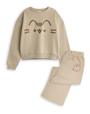 Pusheen Face Girls Beige Sweatshirt and Joggers Set