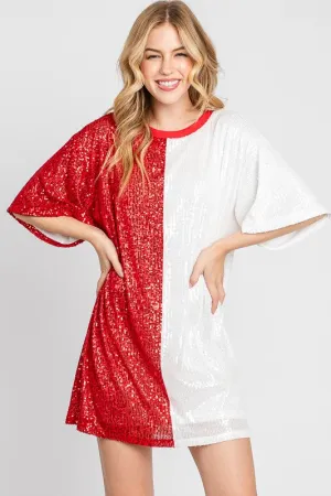 Red/White Color Block Sequin Dress Top