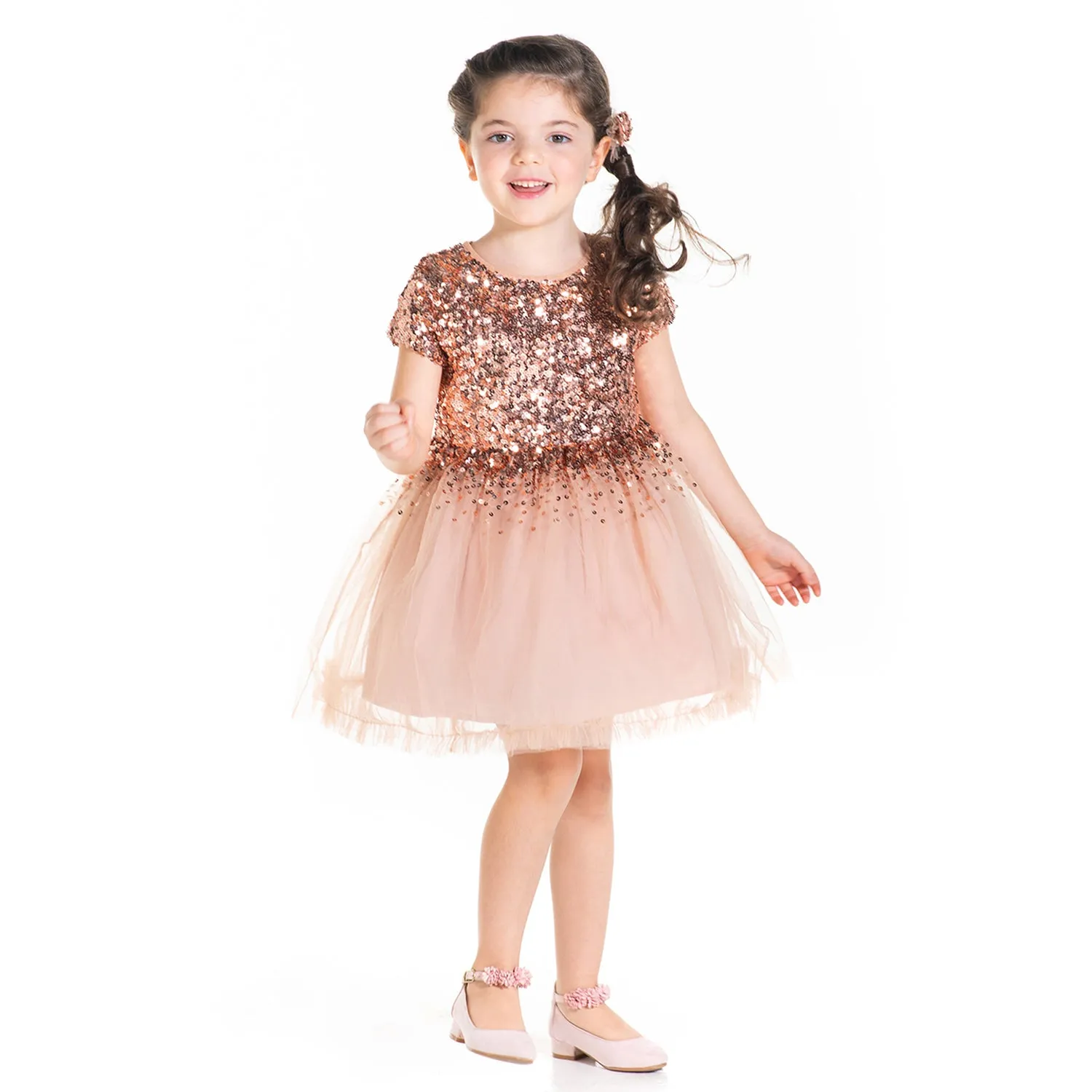 Salmon Sequins Dress With Bow And Clip