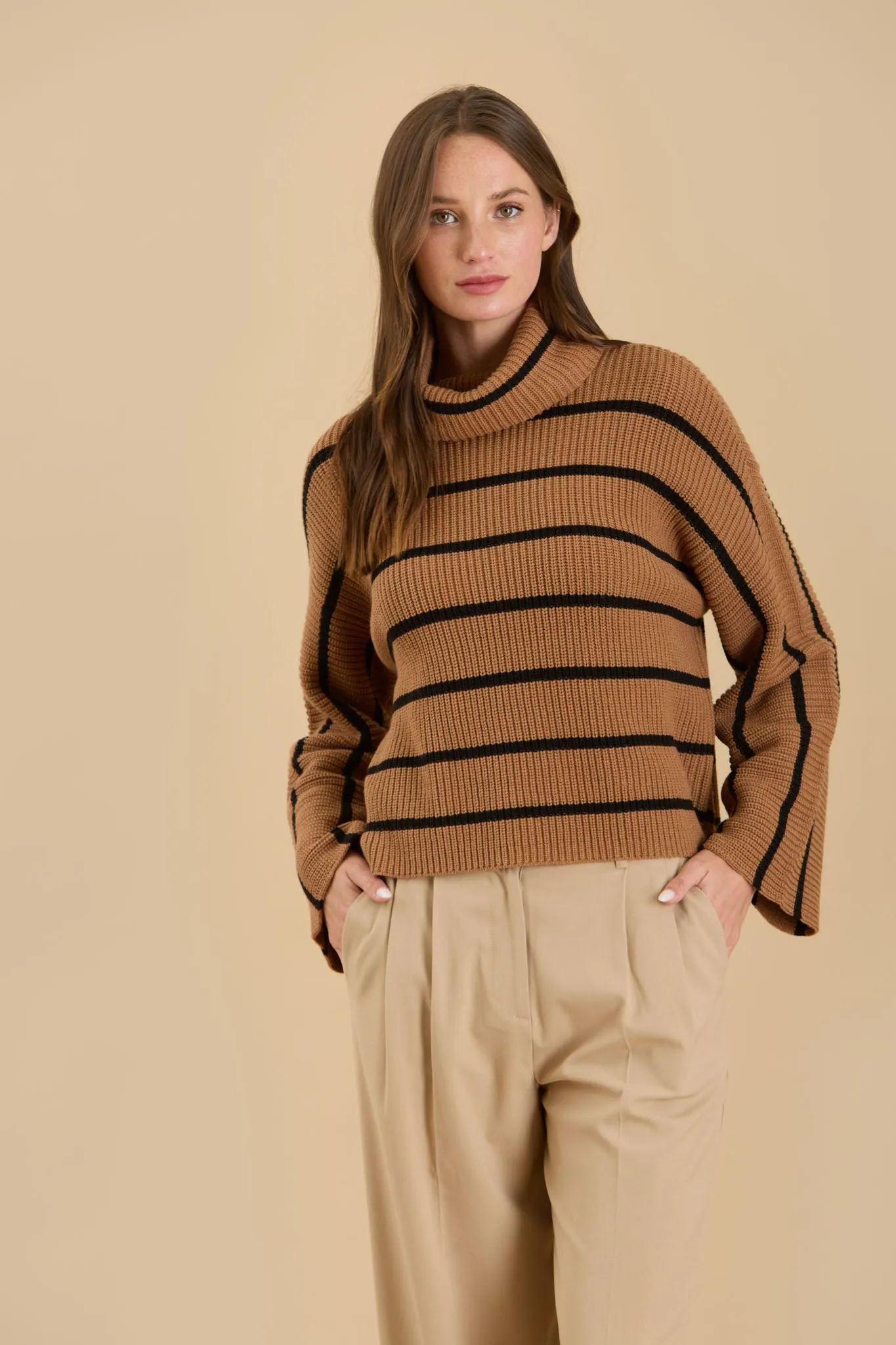 STRIPE TURTLENECK LONG WIDE SLEEVE KNIT SWEATER