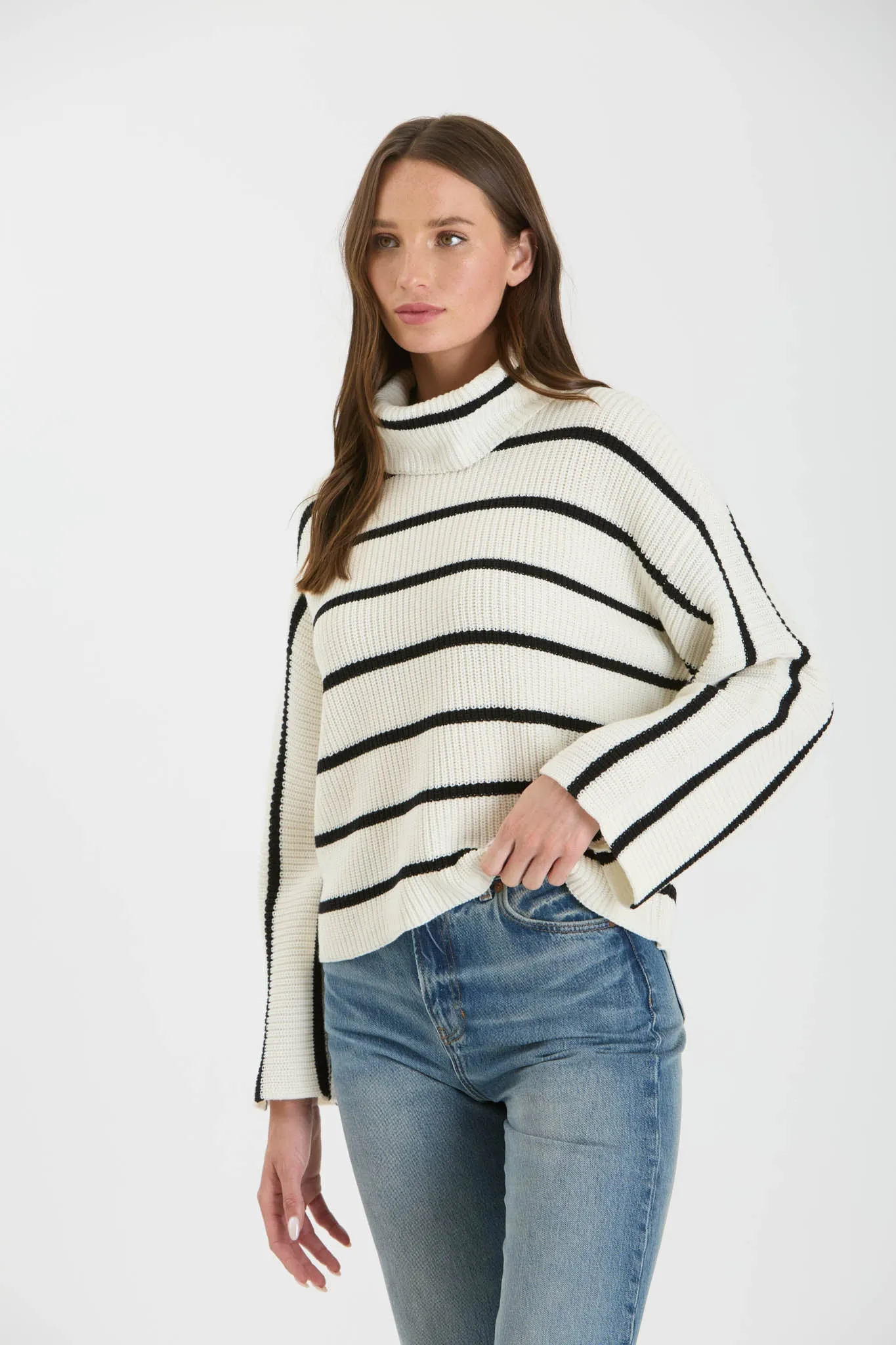 STRIPE TURTLENECK LONG WIDE SLEEVE KNIT SWEATER