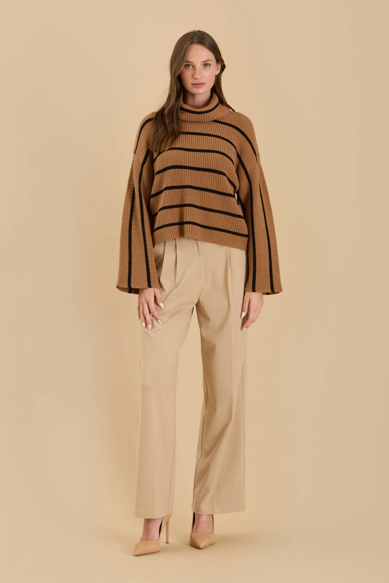STRIPE TURTLENECK LONG WIDE SLEEVE KNIT SWEATER
