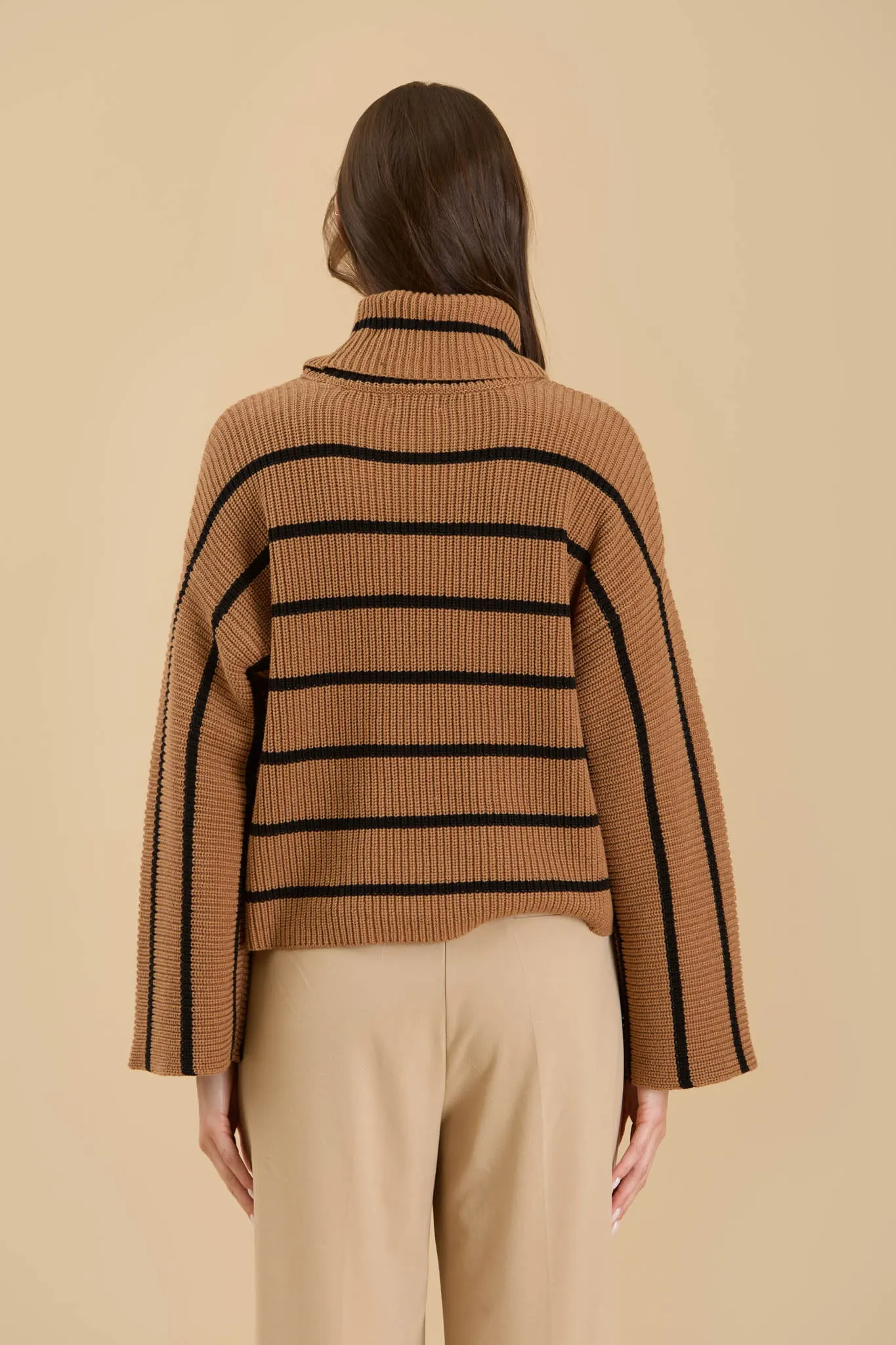 STRIPE TURTLENECK LONG WIDE SLEEVE KNIT SWEATER