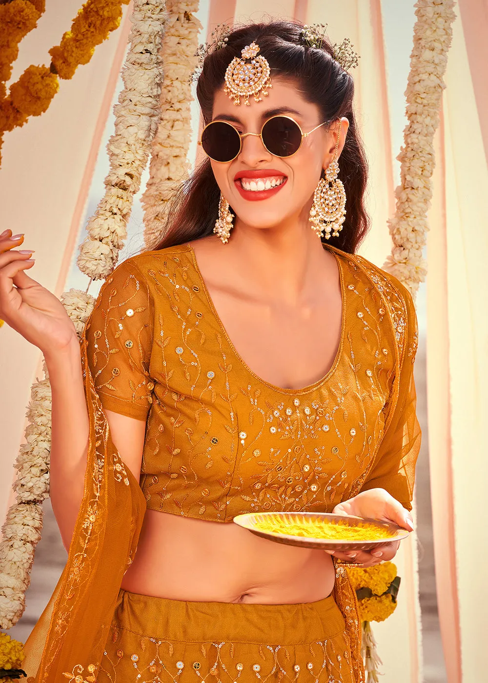 Superior Mustard Sequined Wedding Function Wear Lehenga Choli