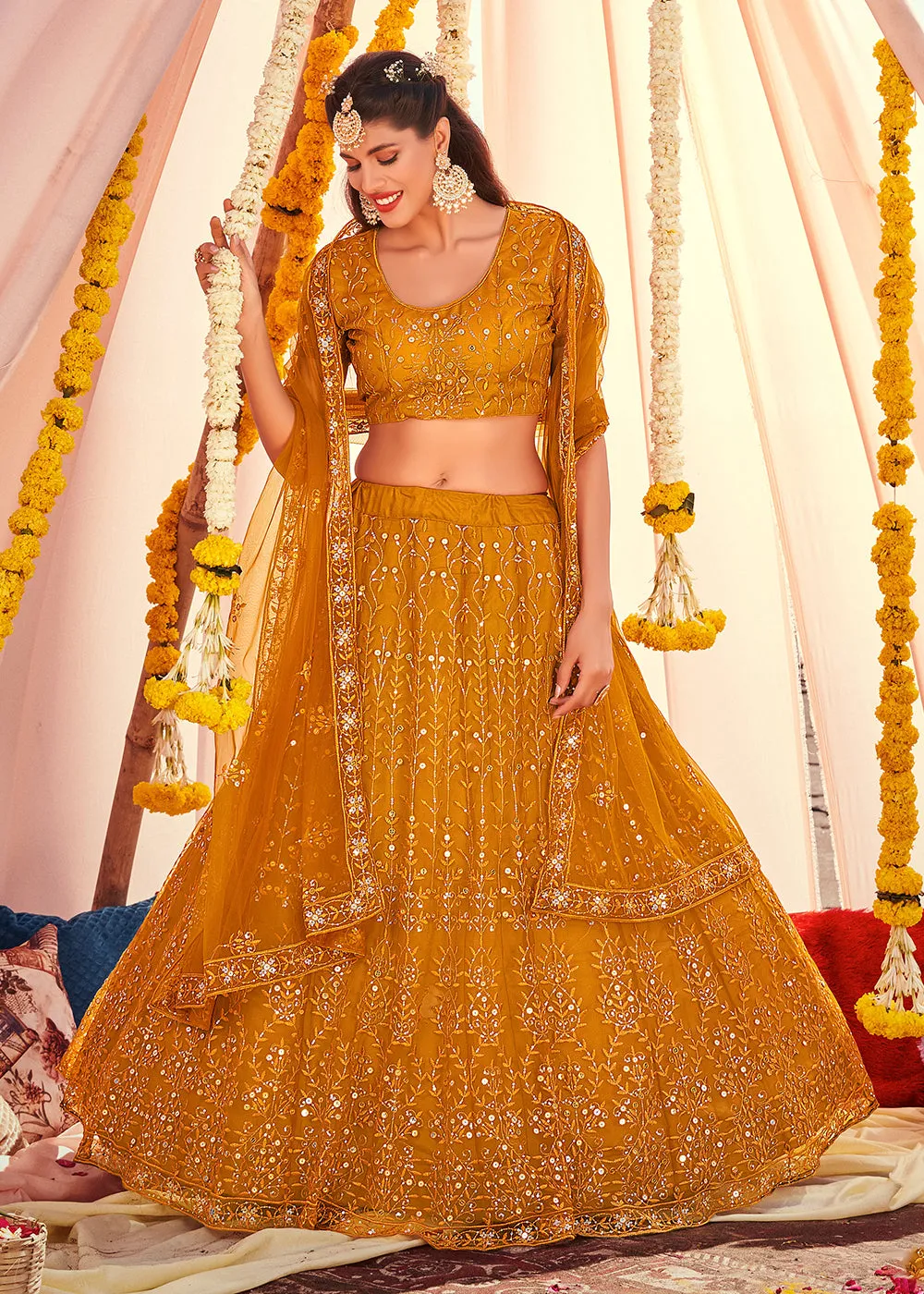 Superior Mustard Sequined Wedding Function Wear Lehenga Choli