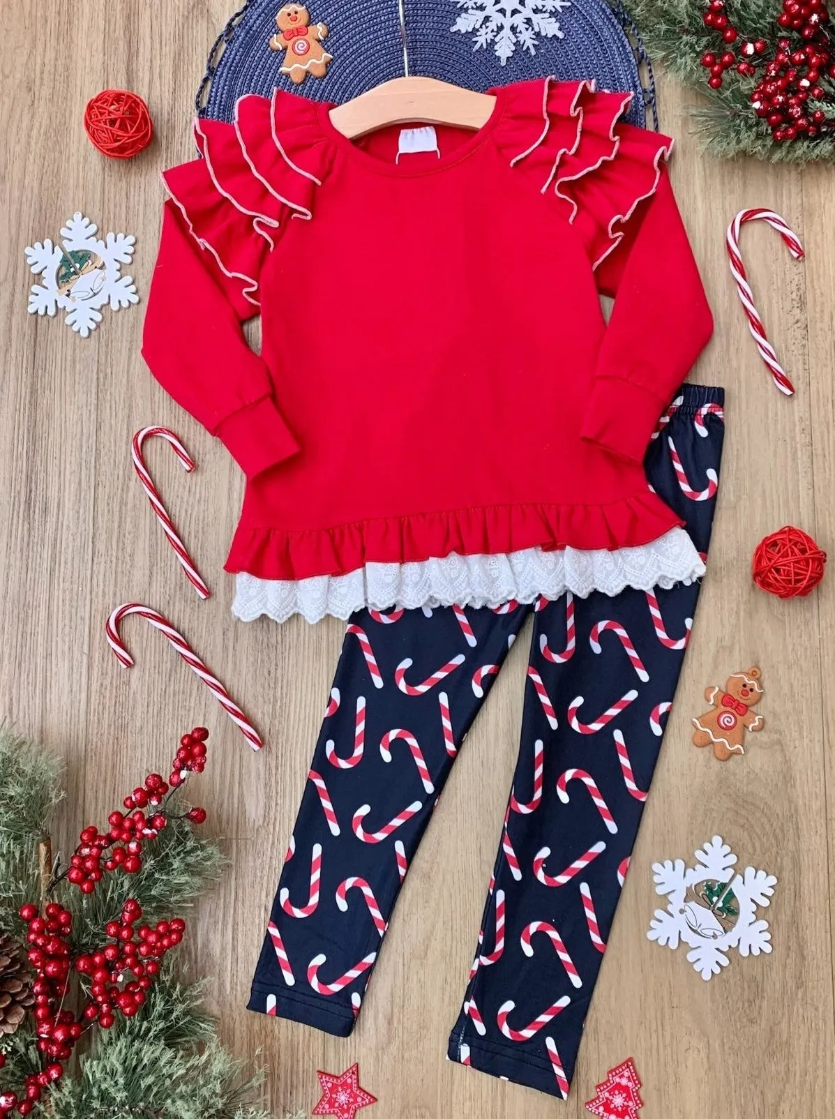 Sweet Statement Ruffle Sleeve Top and Candy Cane Legging Set