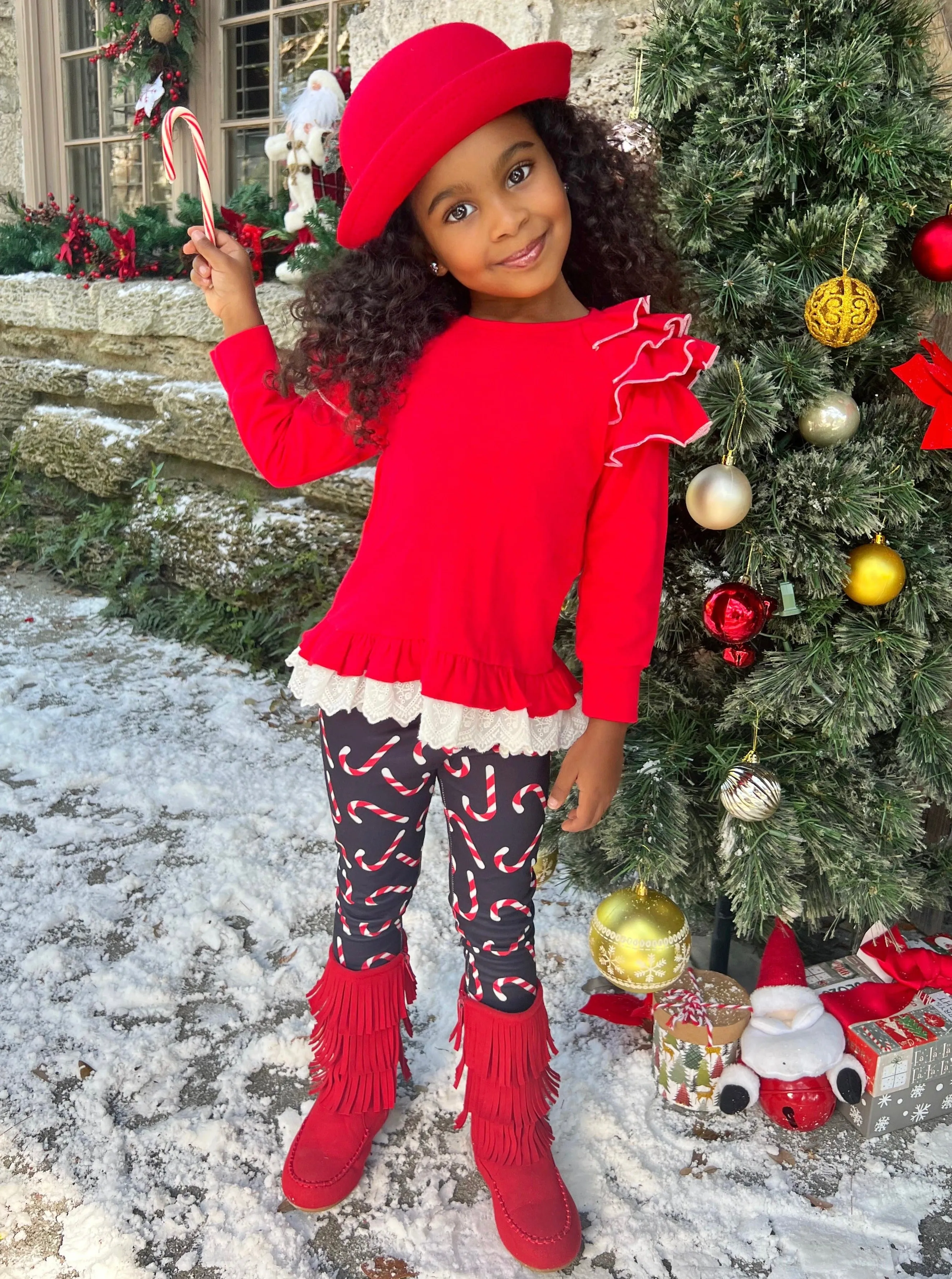 Sweet Statement Ruffle Sleeve Top and Candy Cane Legging Set