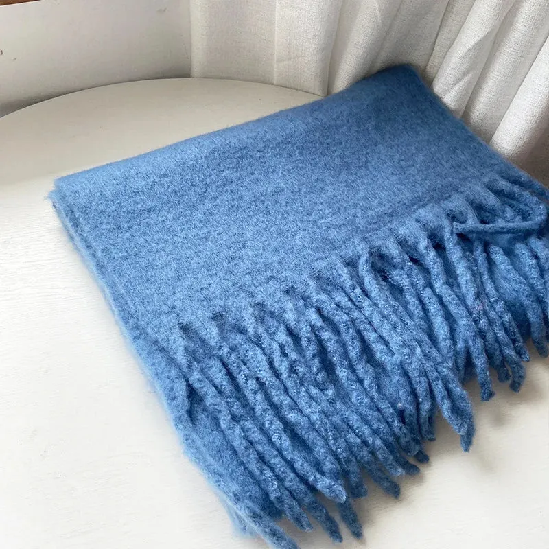 Tassels Scarf Women Thick Warm Simple Fashion Commuting Pure Color Scarf