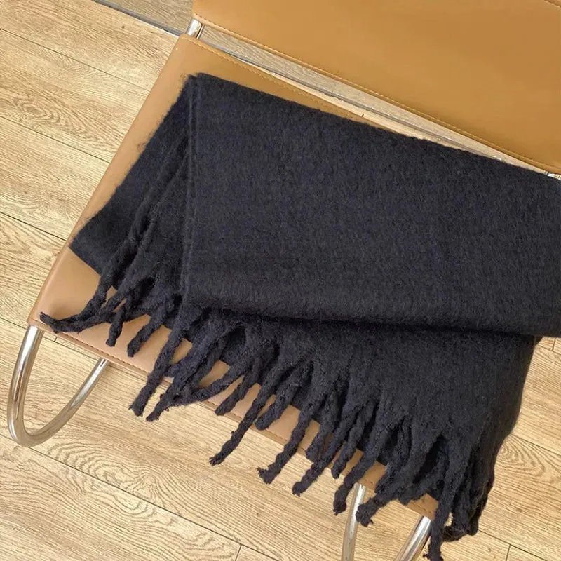 Tassels Scarf Women Thick Warm Simple Fashion Commuting Pure Color Scarf