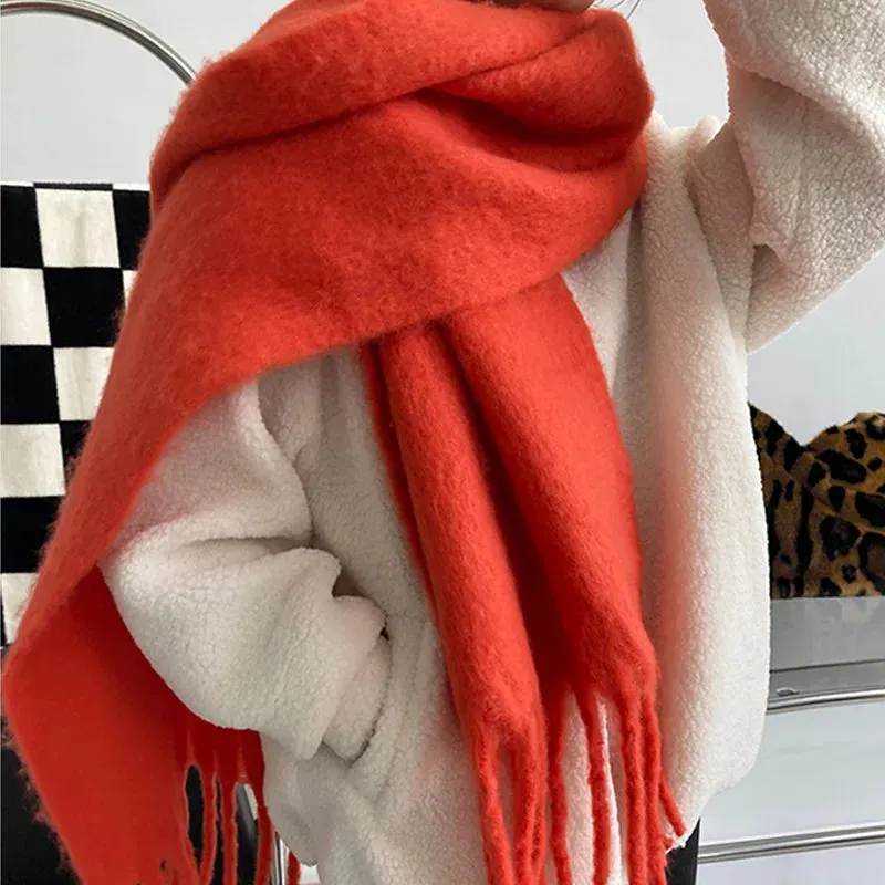 Tassels Scarf Women Thick Warm Simple Fashion Commuting Pure Color Scarf