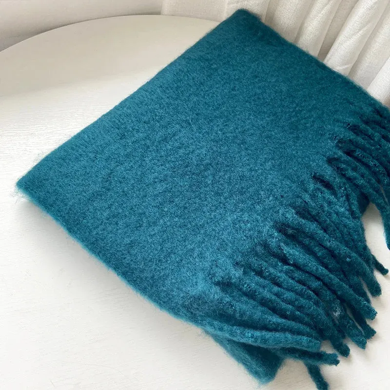 Tassels Scarf Women Thick Warm Simple Fashion Commuting Pure Color Scarf