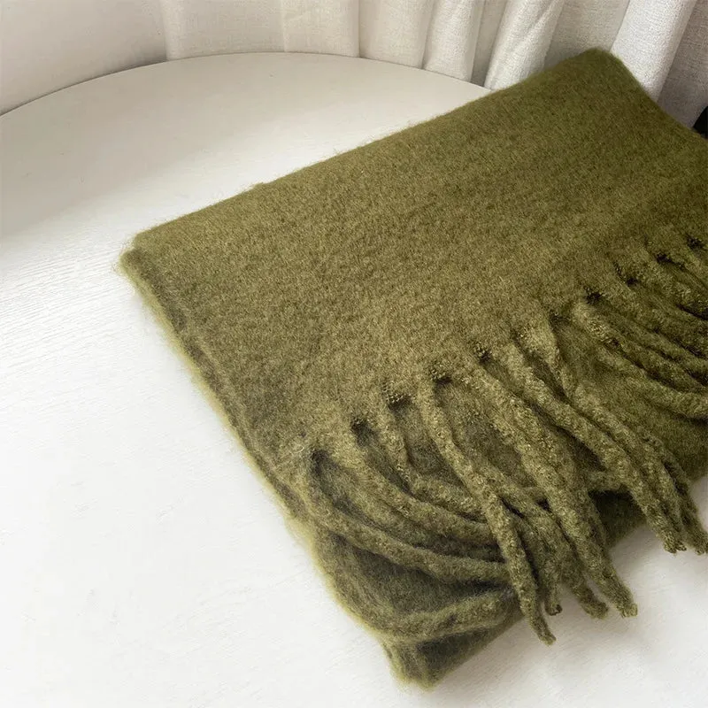 Tassels Scarf Women Thick Warm Simple Fashion Commuting Pure Color Scarf
