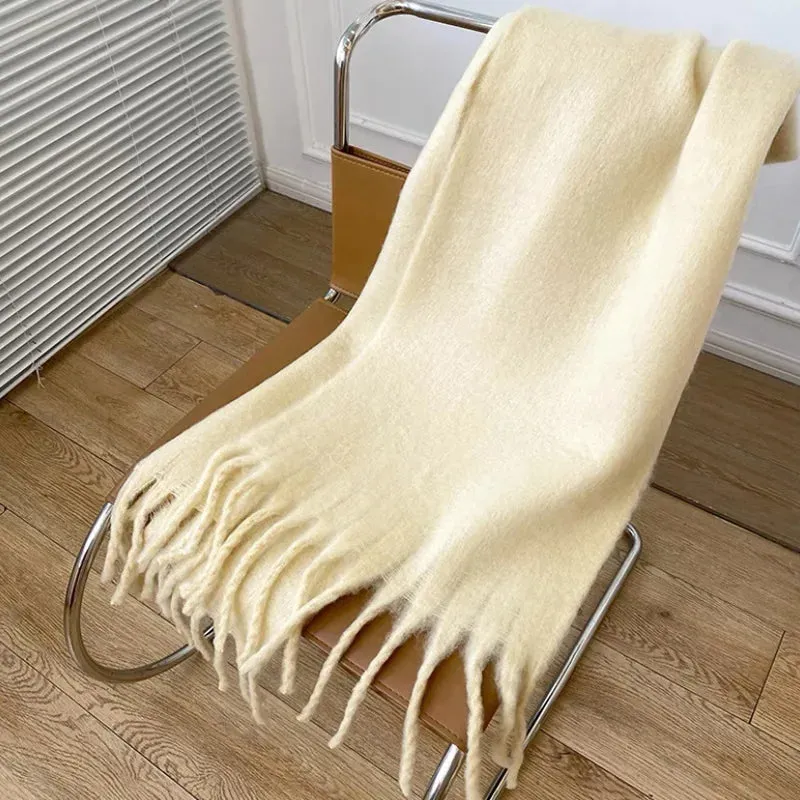 Tassels Scarf Women Thick Warm Simple Fashion Commuting Pure Color Scarf