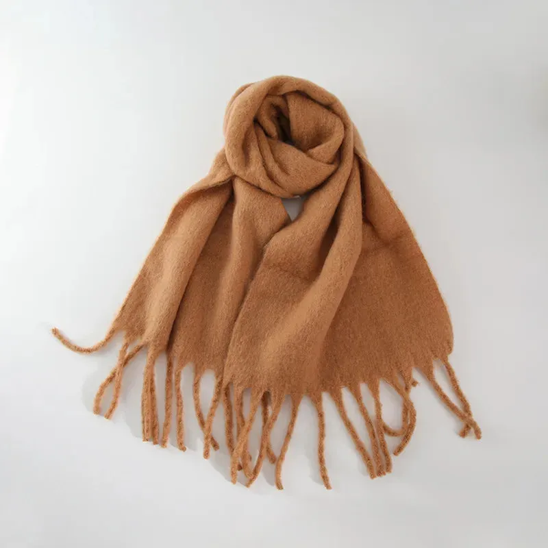 Tassels Scarf Women Thick Warm Simple Fashion Commuting Pure Color Scarf
