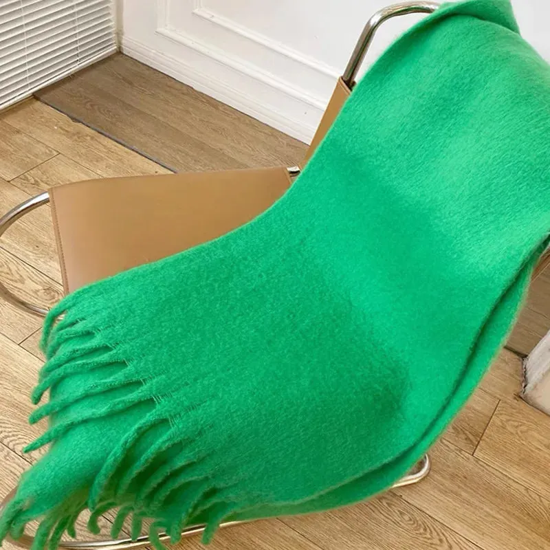 Tassels Scarf Women Thick Warm Simple Fashion Commuting Pure Color Scarf
