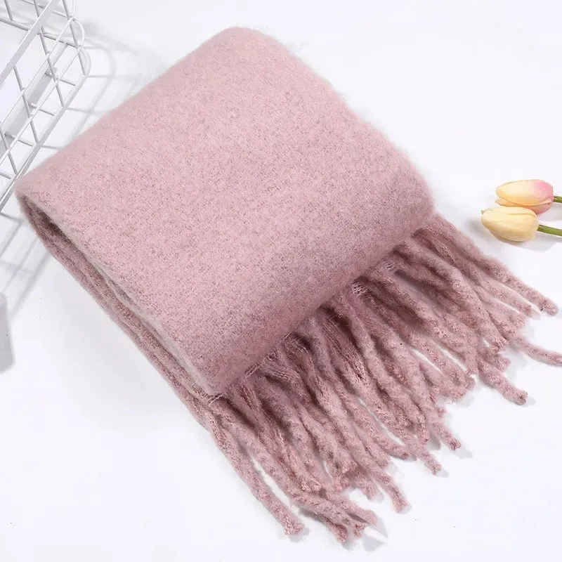 Tassels Scarf Women Thick Warm Simple Fashion Commuting Pure Color Scarf