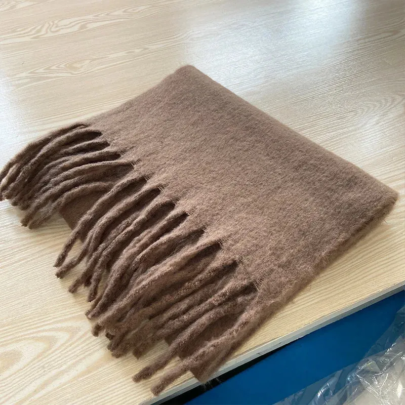 Tassels Scarf Women Thick Warm Simple Fashion Commuting Pure Color Scarf