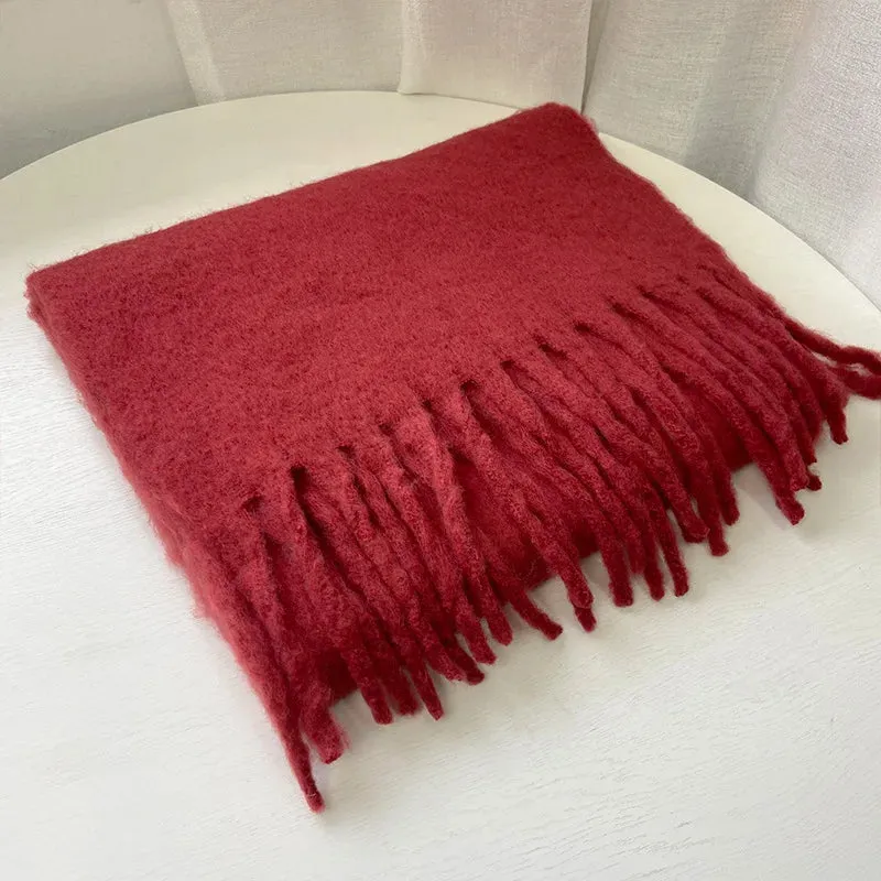 Tassels Scarf Women Thick Warm Simple Fashion Commuting Pure Color Scarf