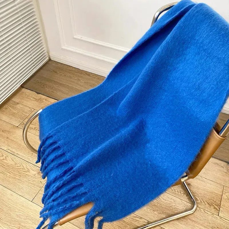 Tassels Scarf Women Thick Warm Simple Fashion Commuting Pure Color Scarf