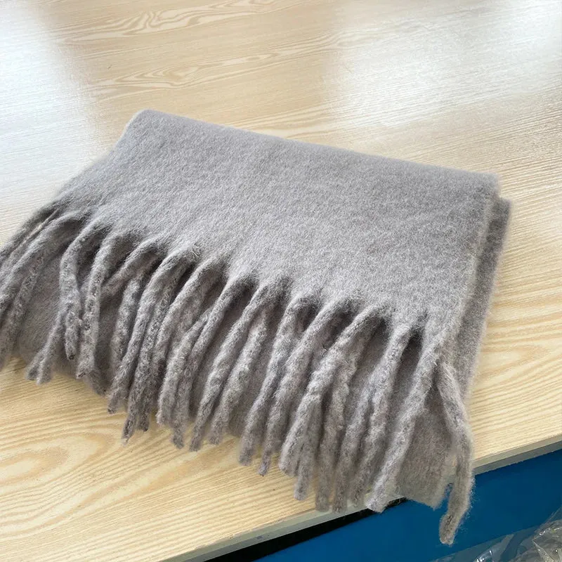 Tassels Scarf Women Thick Warm Simple Fashion Commuting Pure Color Scarf