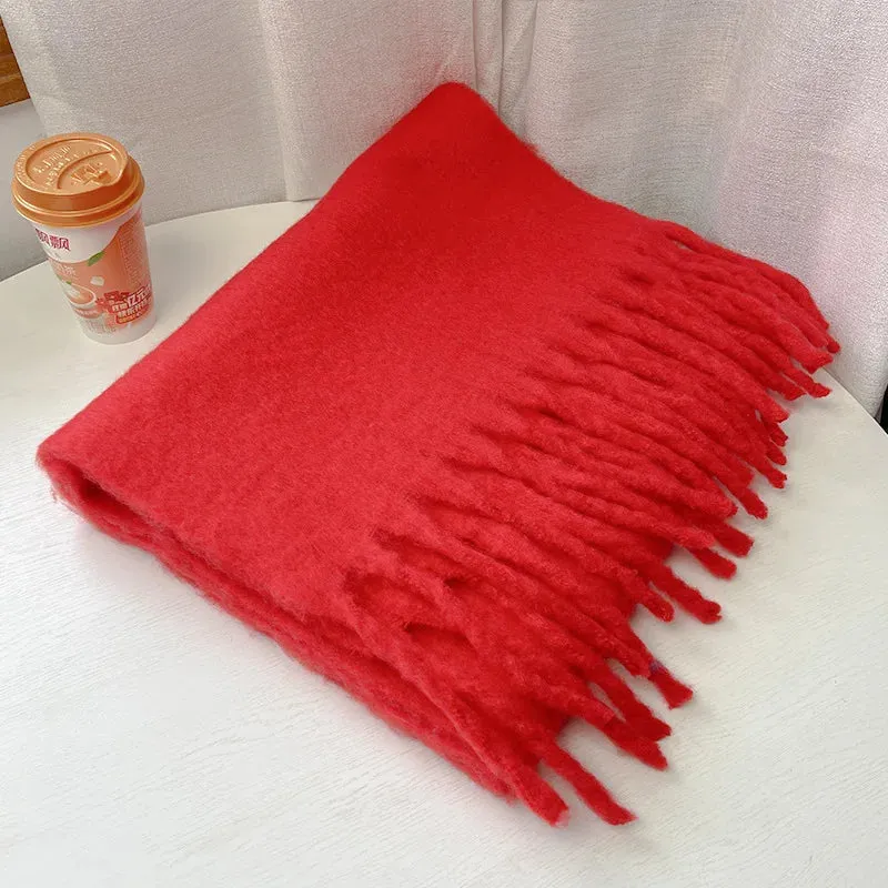 Tassels Scarf Women Thick Warm Simple Fashion Commuting Pure Color Scarf