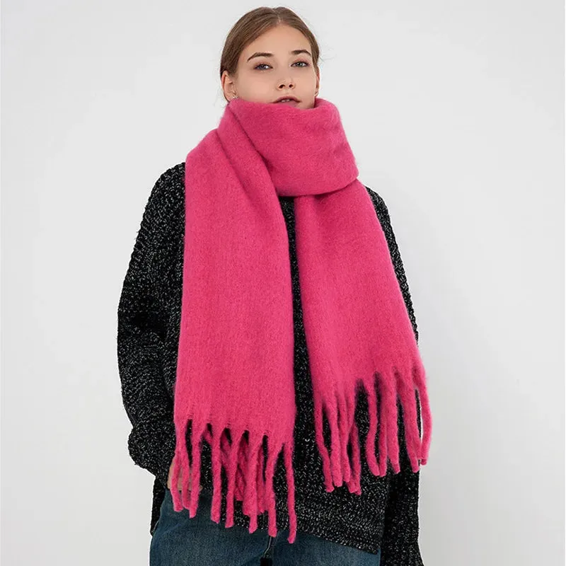 Tassels Scarf Women Thick Warm Simple Fashion Commuting Pure Color Scarf