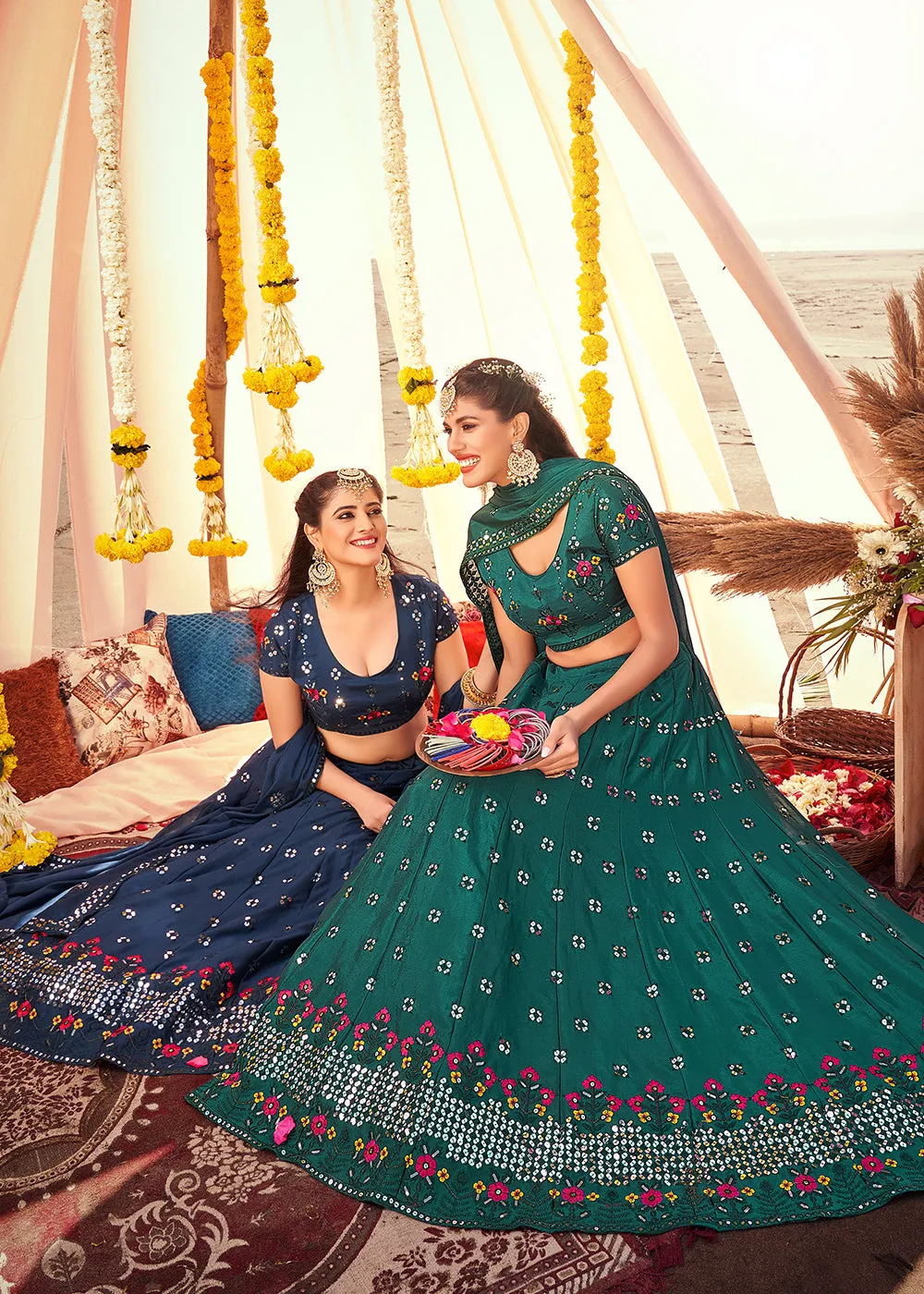 Teal Green Sequined Wedding Function Wear Lehenga Choli
