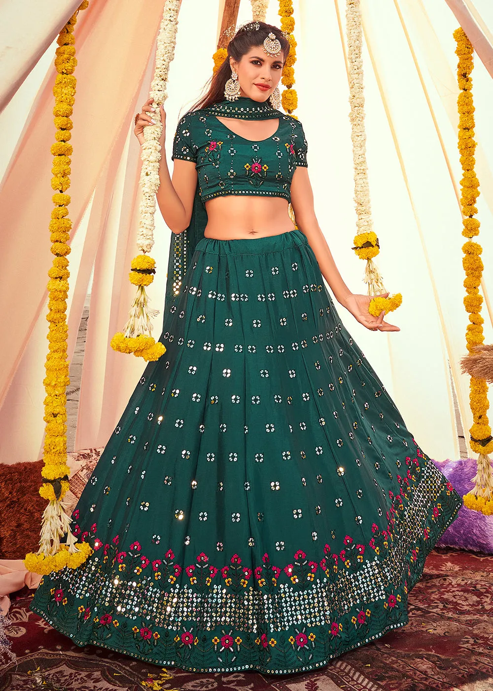 Teal Green Sequined Wedding Function Wear Lehenga Choli