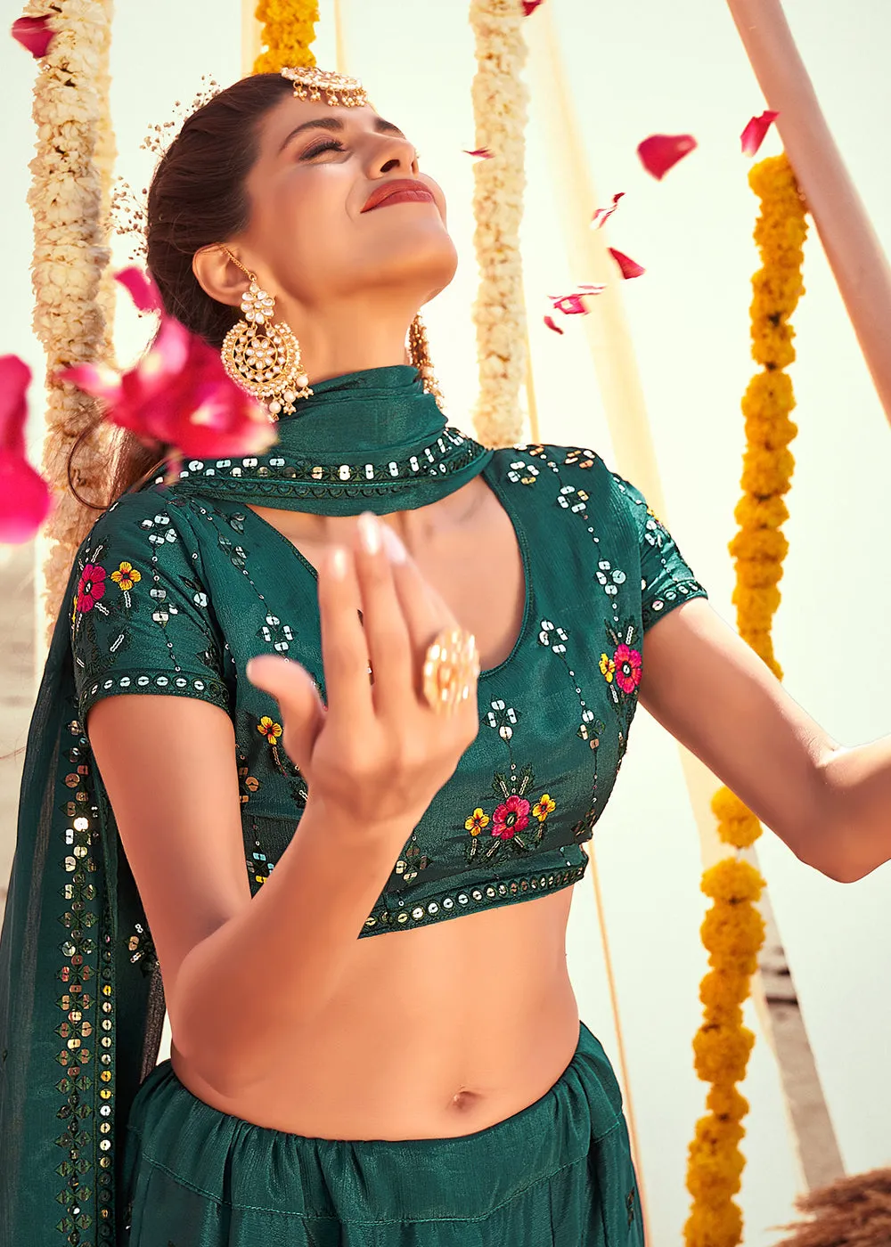 Teal Green Sequined Wedding Function Wear Lehenga Choli