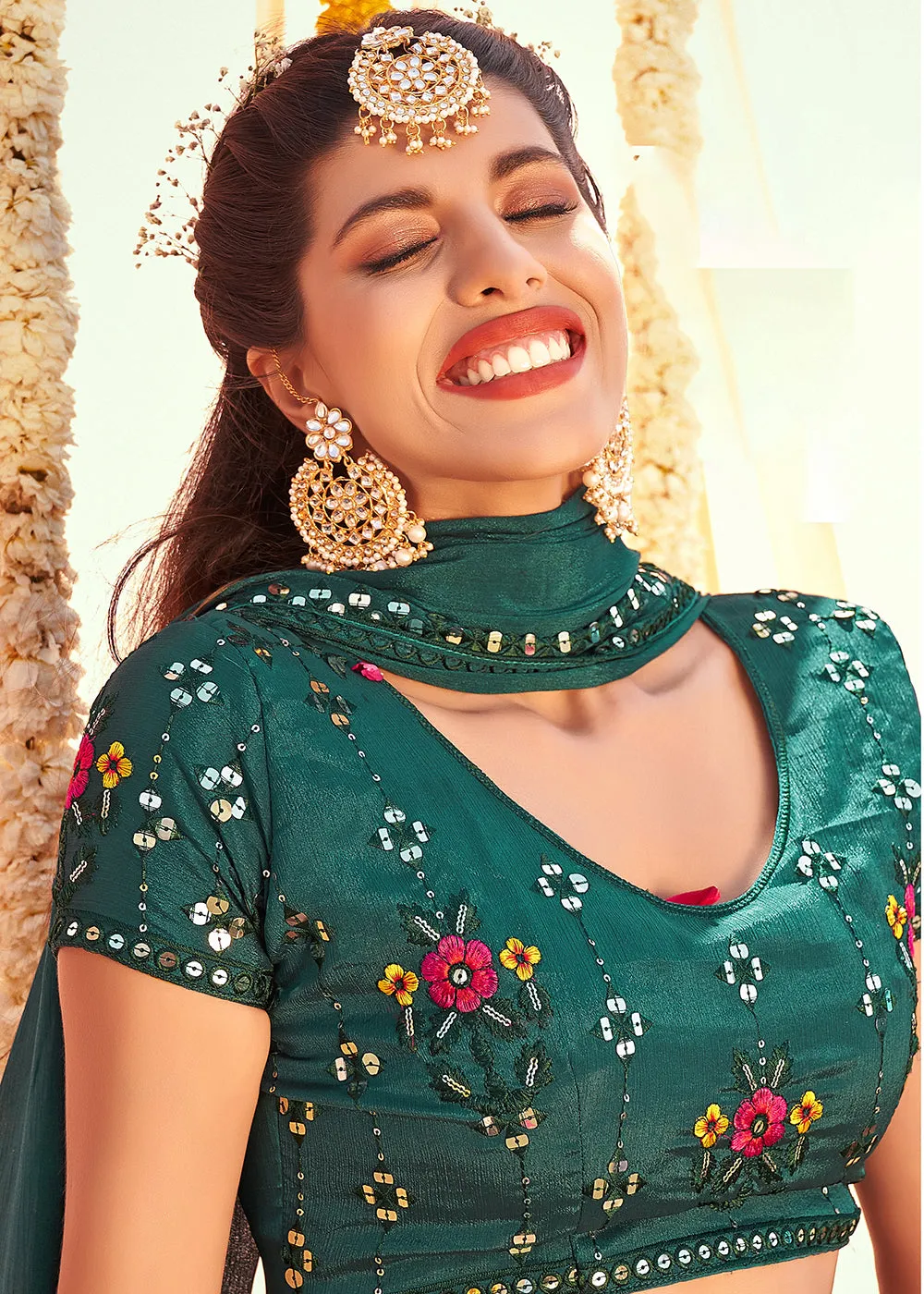 Teal Green Sequined Wedding Function Wear Lehenga Choli