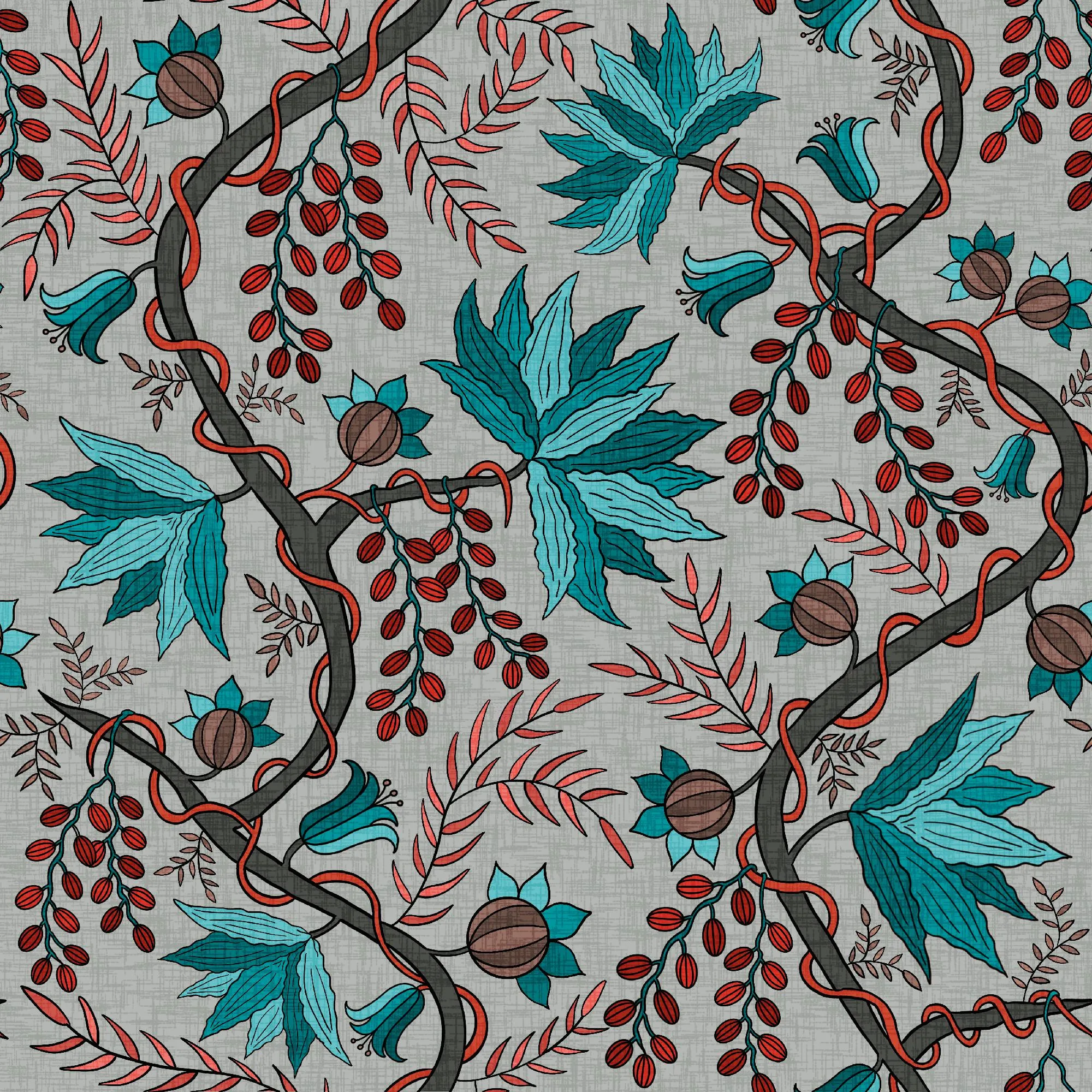 Vines and Fruits Teal - Natural Fiber Fabric By The Yard