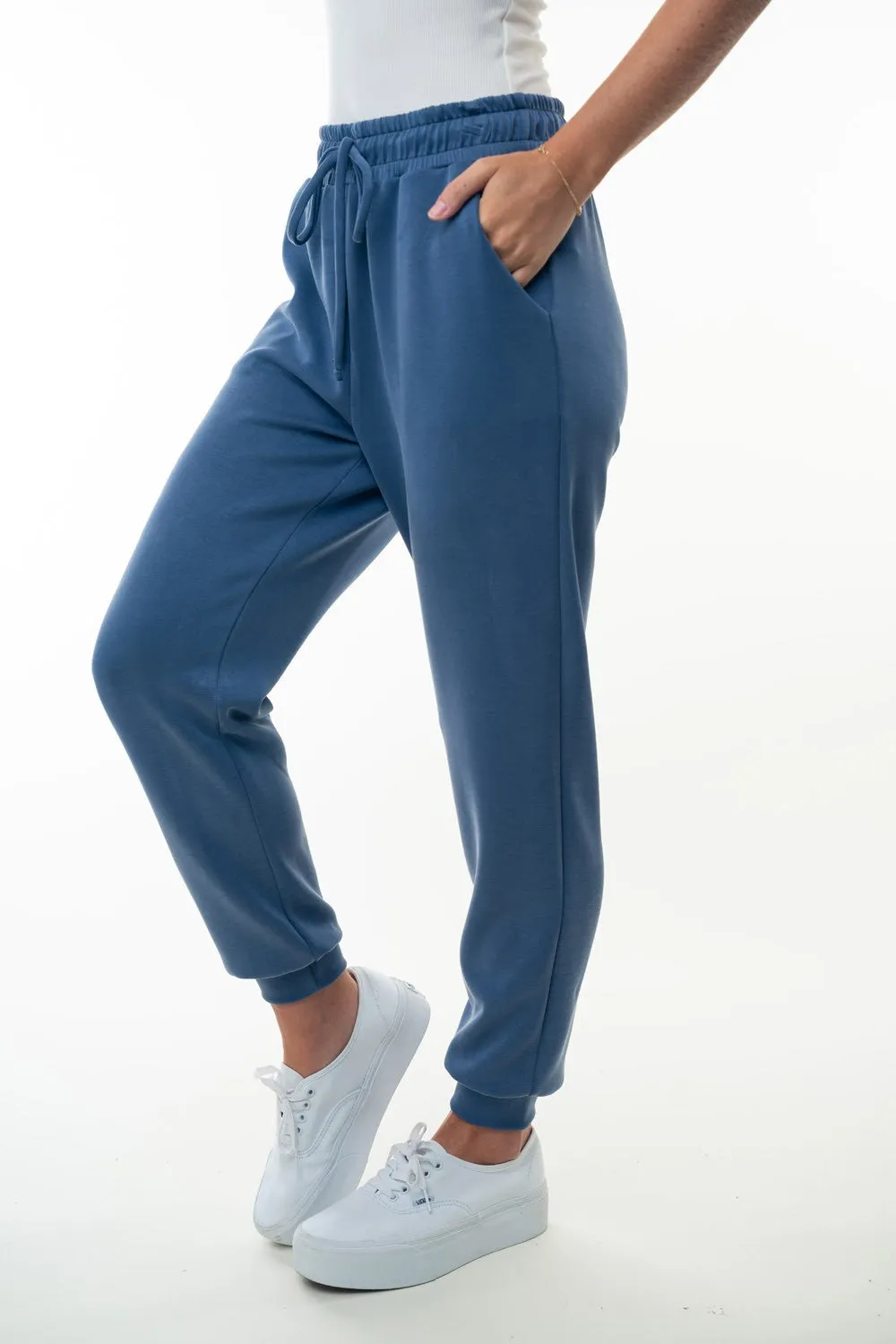 White Birch Solid Color Knit Joggers in Denim