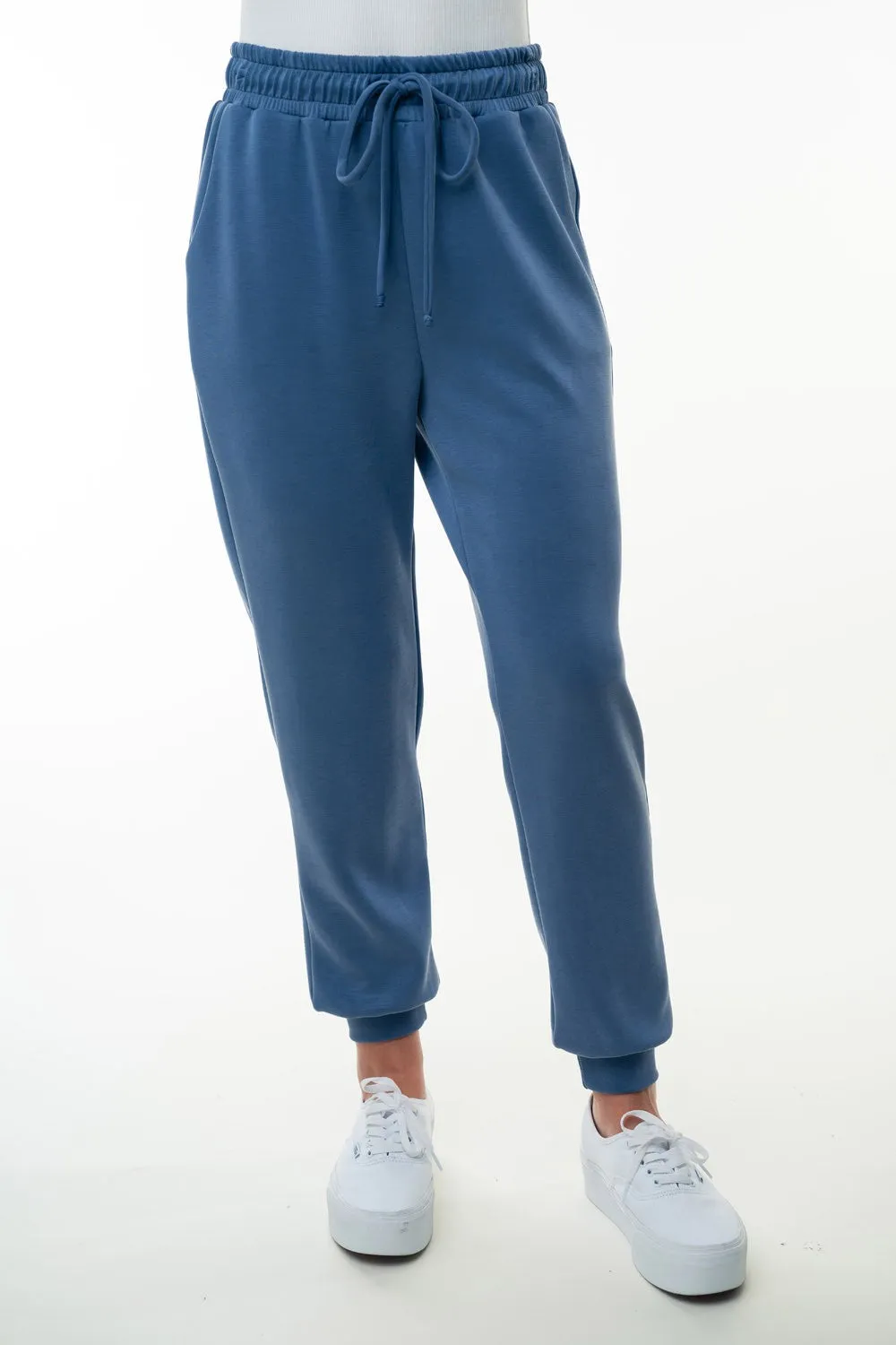 White Birch Solid Color Knit Joggers in Denim