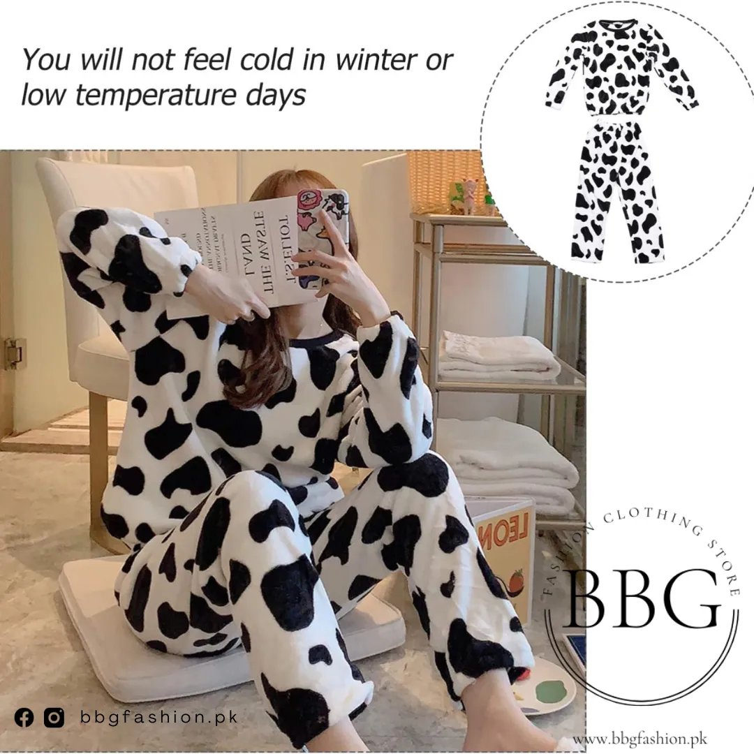 White Cow Print Fleece Casual Wear Set