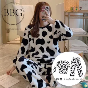 White Cow Print Fleece Casual Wear Set